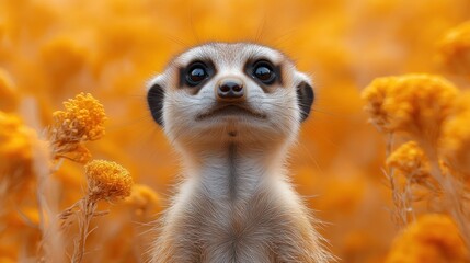 Fototapeta premium Close up portrait of a meerkat standing amongst a field of yellow flowers