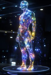 Abstract Human Figure with Colorful Light Patterns and Digital Technology Elements