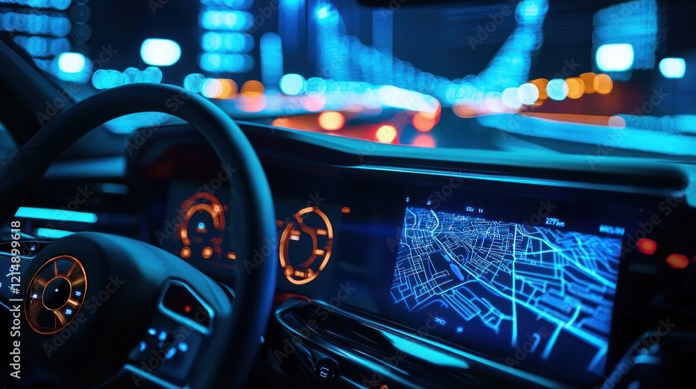 Poster a close-up of a navigation system in a car, guiding the driver home with precise homing coordinates
