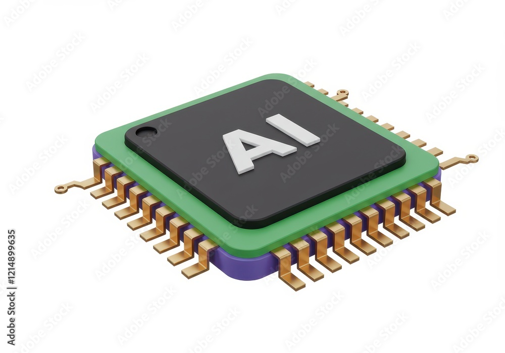 Poster a 3d rendered microchip with a green and purple border featuring a black square in the center with a