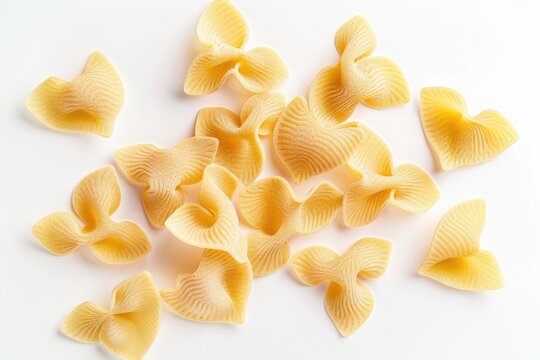 A group of dry, uncooked Italian pasta pieces, possibly farfalle or lumaconi rigati shape, scattered on a bright white background, close-up studio shot.