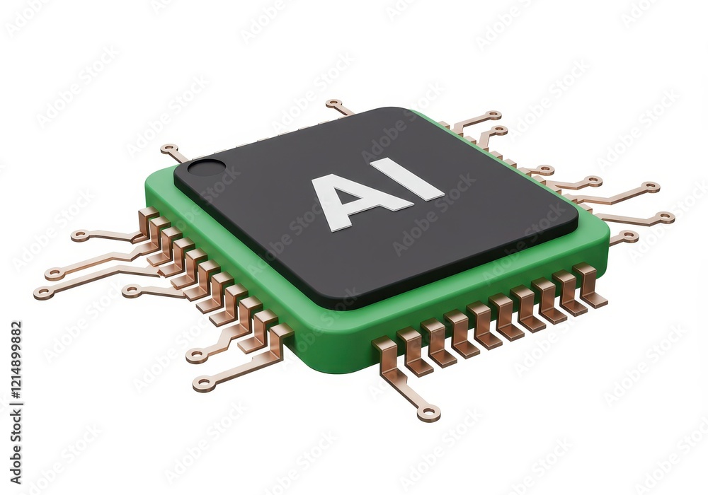 Poster a 3d rendered microchip with a green and purple border featuring a black square in the center with a