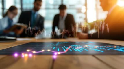 team of professionals analyzing stock market data with graphs and charts
