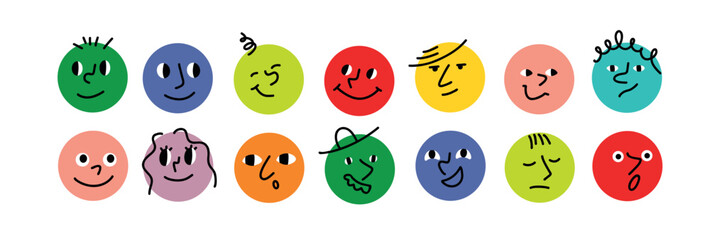 Doodle colorful face set. Abstract faces with different emotion. Cartoon style. Flat design. Hand drawn trendy illustration.