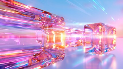 Multicolored blocks of transparent crystal and bright reflections. Geometric glass cubes, abstract background