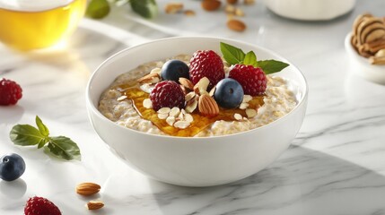 Healthy breakfast bowl with oats fresh berries and nuts kitchen food photography bright lighting wellness concept