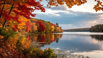 Fototapeta premium Scenic Autumn Lake Colorful Fall Foliage Trees Reflected in Calm Water