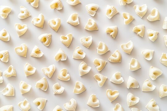 Heart shaped pasta background. Uncooked tortelloni style dry pasta scattered randomly on a white surface, creating a seamless food texture or pattern for cooking and romance themes.