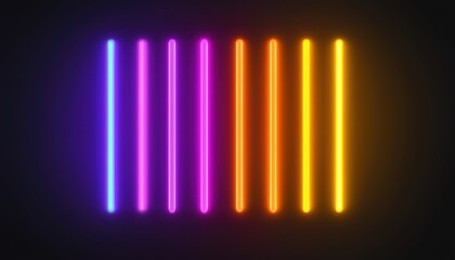 Fototapeta premium Horizontal neon light streak with vibrant yellow, orange, and purple hues glowing against a deep black background, creating a futuristic and dynamic effect