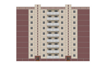 Prefabricated nine-storey panel apartment building, with two entrances lined with beige tiles is isolated. The house has balconies.