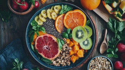 Healthy fruit bowl kitchen food photography rustic environment top-down view vibrant aesthetics for wellness