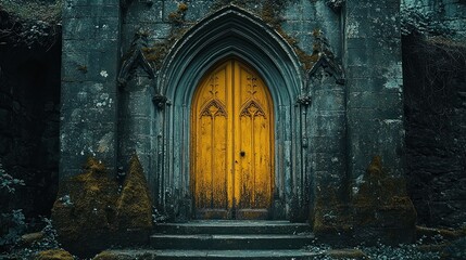  Ornate yellow door framed by Gothic stone arches, aged texture and moss adding mystery and historical depth to the architecture in a serene, spiritual atmosphere.