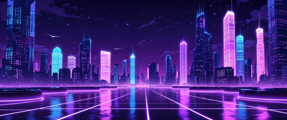 Neonlit cityscape at night with hovering platforms and bright purple lights illustration background design