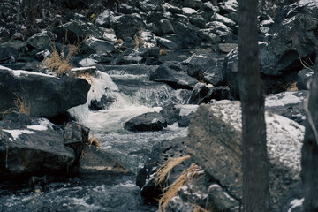 Colorful winter landscape. River in the forest in winter. Beauty of winter nature.