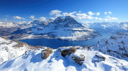 Snowy mountain peak panorama; lake, winter landscape, travel poster