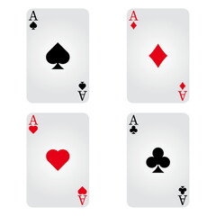 Playing card set. Four aces icon. Poker cards suits. Hearts, clubs, diamonds, spades ace. Winning poker hand. Las Vegas Casino gambling concept.