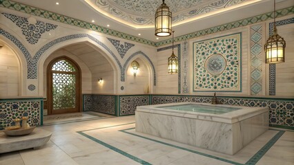 Obraz premium Luxurious Hammam Spa Interior Design Marble Tiles and Lanterns