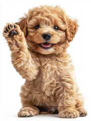 Adorable fluffy puppy with curly fur raising its paw in greeting, showcasing an endearing expression of joy and playfulness against a clean white background