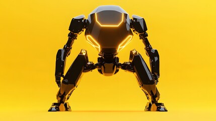 Fototapeta premium Black Robot with Yellow Accents Stands in a Pose