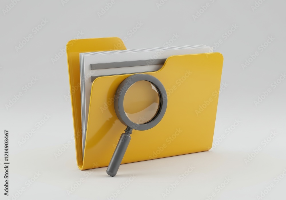 Poster a professional 3d illustration of a yellow folder slightly open revealing a few sheets of paper with