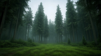 Fototapeta premium misty morning in dense forest with towering trees and lush green grass creates serene and tranquil atmosphere. fog adds mystical touch to landscape