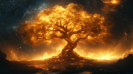 Flaming tree cosmic landscape, fantasy art