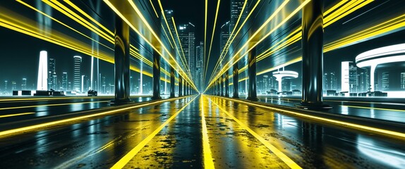 Fototapeta premium Smooth chrome streets illuminated by yellowgreen digital projections bright white futuristic buildings in the distance illustration background design