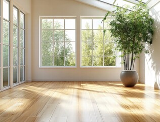 Fototapeta premium A large open room with a large potted plant in the center