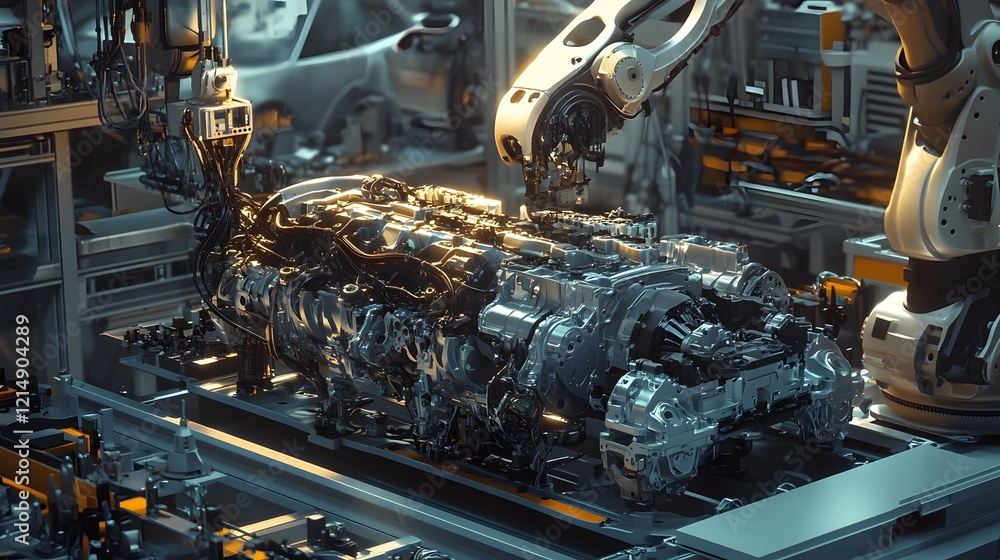 Poster robotic assembly line constructing an automotive engine