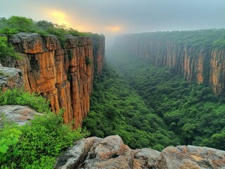 Majestic canyon view at dawn with towering rock cliffs and lush green forest below