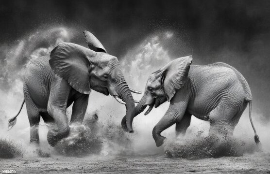 Two elephants are fighting in the water