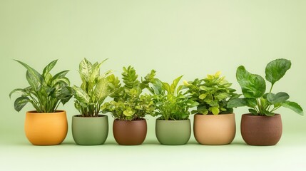 Fototapeta premium Vibrant Reusable Ceramic Pots with Lush Green Indoor Plants Displayed
