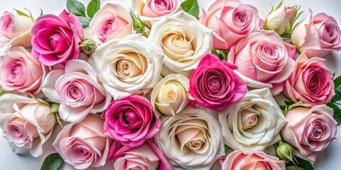 Fototapeta premium Elegant Pink and White Roses on White Background - Copy Space for Text - Stock Photo