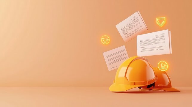 Two yellow hard hats with floating safety documents and icons on a warm orange background.