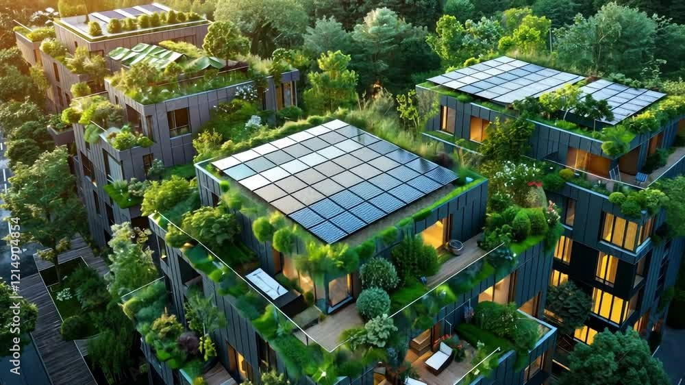 Poster This unique housing development showcases multiple structures adorned with abundant greenery and solar panels. Nestled in an urban environment, it highlights sustainable living.