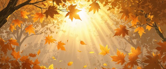 Sun filtering through golden leaves with a hazy golden glow illustration background design