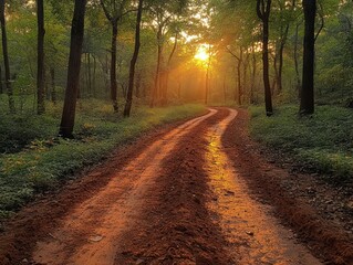 Obraz premium A winding path through a forest at sunset with the light illuminating the red soil