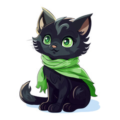 Cute black kitten with a green scarf around his neck_106