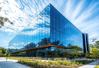 Obraz premium A large glass building with a lot of windows and a reflection of the sky