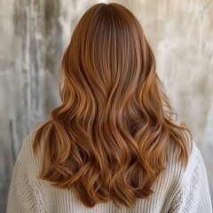 Naklejka premium A woman with wavy, medium-length, auburn hair is seen from the back, against a textured grey background.