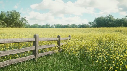 Fototapeta premium Serene Meadow of Tall Yellow Flowers by a Wooden Fence - Cinematic Nature Background with Ultra-Detailed Beauty