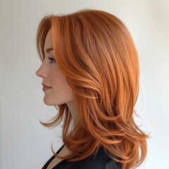 Obraz premium A profile view of a woman with vibrant red hair styled in loose waves against a neutral background.