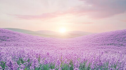 Naklejka premium Dreamy Sunrise Over Pastel Lilac Flower Fields on Rolling Hills - Ultra-Detailed Cinematic Image