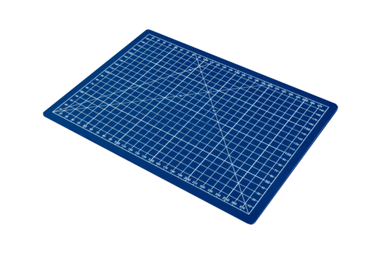 A small blue cutting mat with a white grid is isolated.