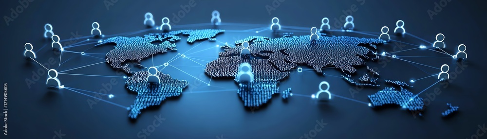Poster 3d personal data concept with digital user icons connected by lines on a dotted world map globe, sym