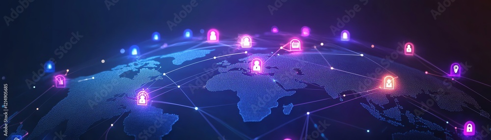Poster 3d personal data concept with digital user icons connected by lines on a dotted world map globe, sym