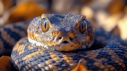 Obraz premium Close-up detailed shot of a brown and black snake coiled with bright eyes