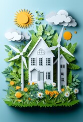 Eco-Friendly Paper Craft Model with Houses, Wind Turbines, and Greenery in Minimalist Style