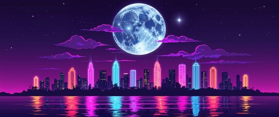 Fototapeta premium Vibrant neon skyline with a large silver moon above dark purple sky illustration background design