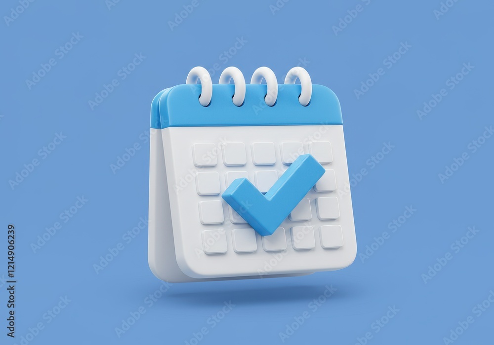 Poster a 3d illustration of a blue and white calendar with a checkmark in the center symbolizing task compl